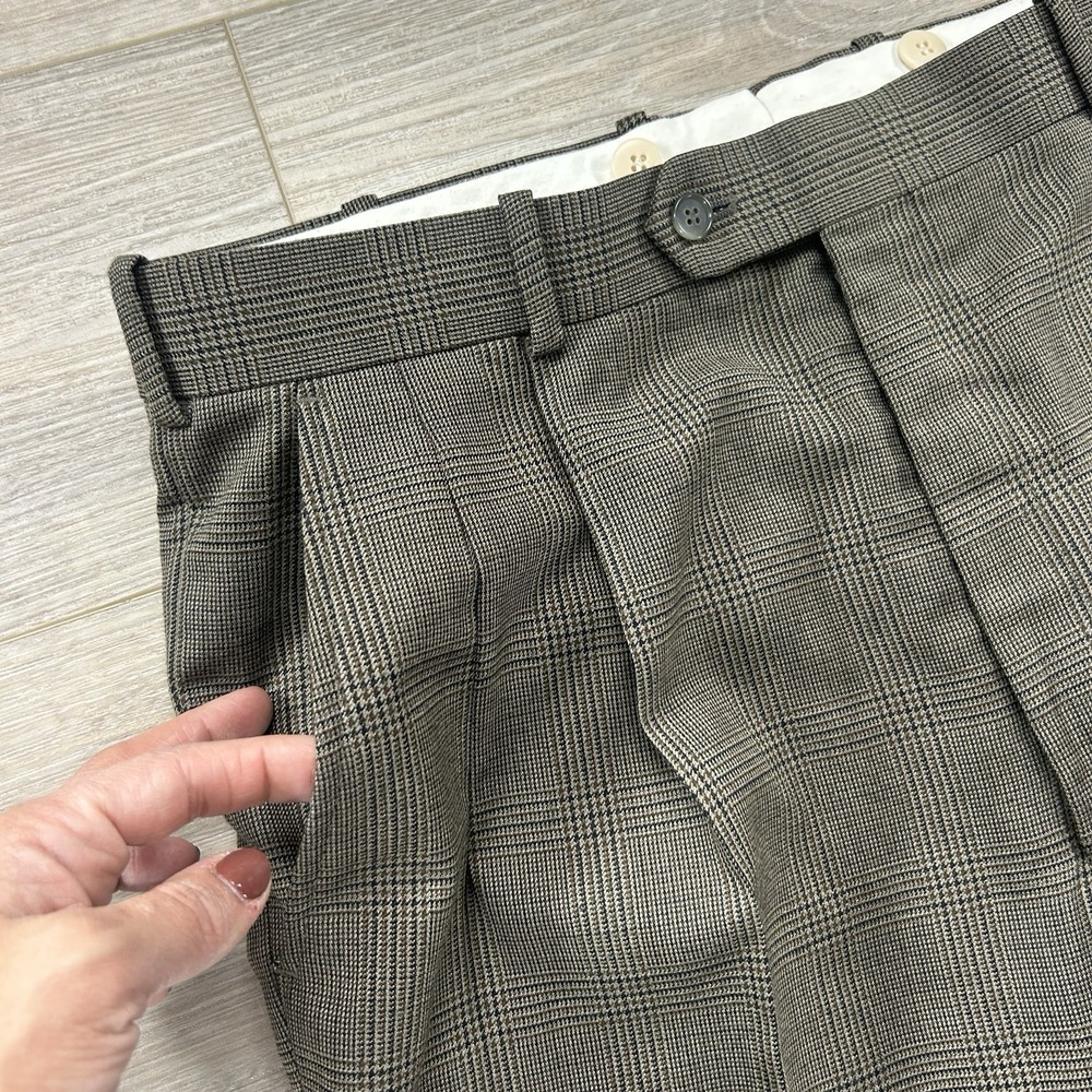 Vintage J.RIGGINS Men's Size 37 Long Brown Plaid Wool Blend Pleated Cuff Pants - Picture 4 of 14